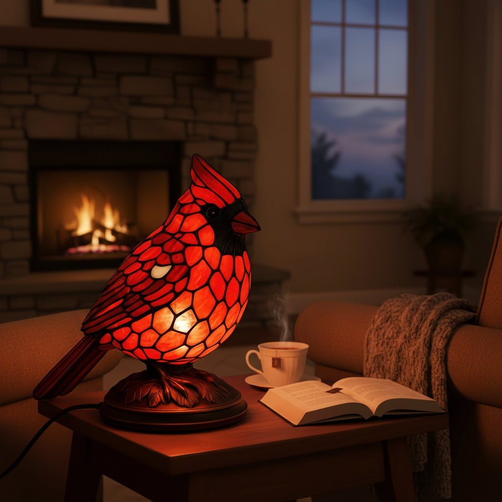 Art Glass Table Lamp | USB Powered Red Cardinal Design for Cozy Lighting 4
