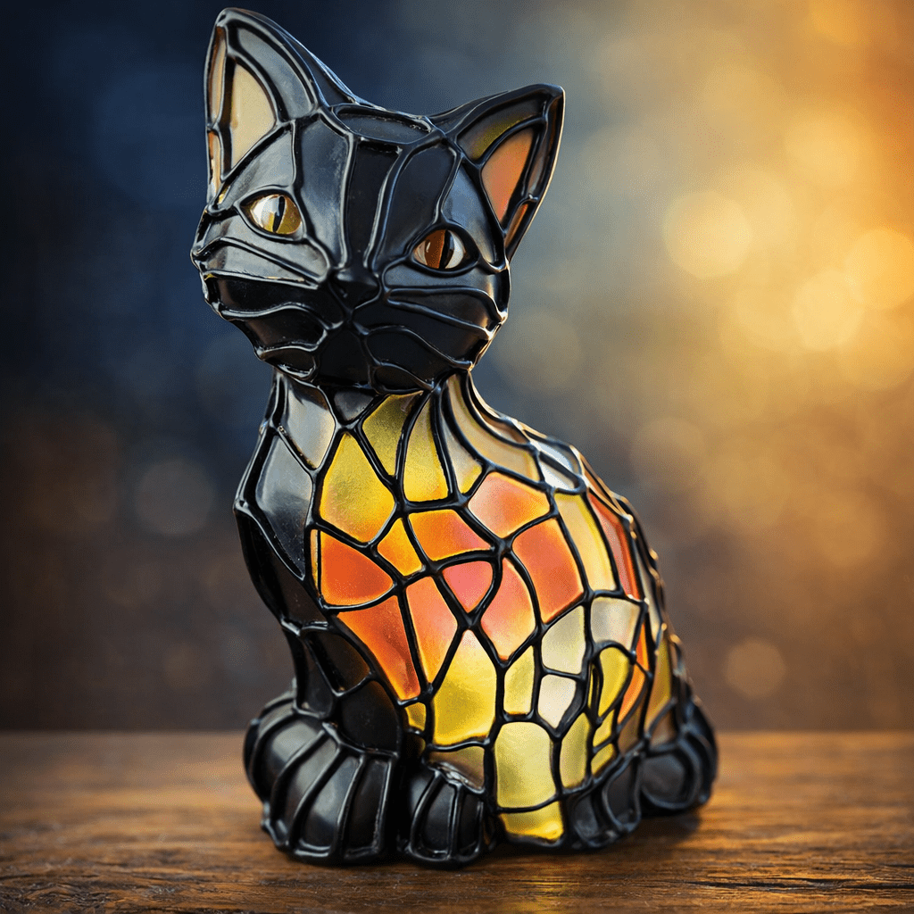 Tiffany Lamp Cat Design, Small Table Lamp with Warm Amber Glow, USB Cat Lamp for Mood Lighting, Gifts for Cat Lovers