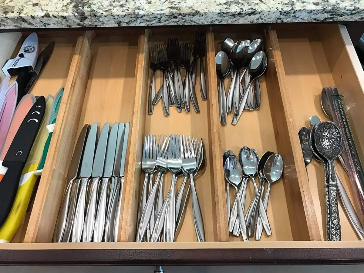 Bamboo Drawer Organisers, Adjustable Cutlery Drawer Organiser for Kitchen and Office