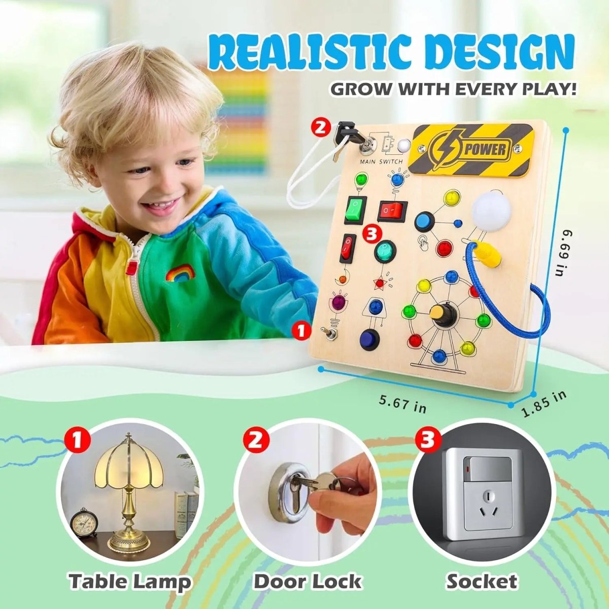 Light Up Busy Board, Wooden Montessori Sensory Board with LED Switches – image 4