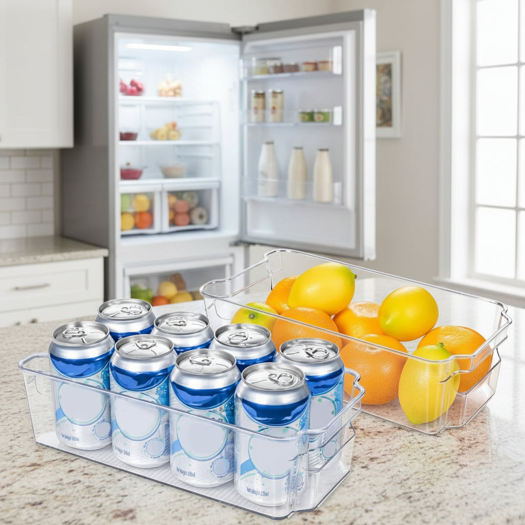 Plastic Storage Boxes Set of 4, Clear Fridge Organiser for Kitchen, Food Storage Containers for Freezer and Pantry
