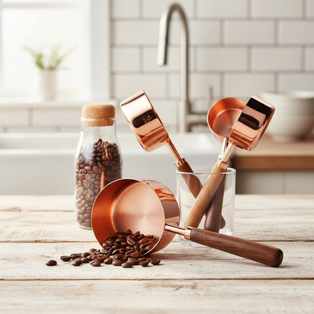Measuring Cups, Copper Measuring Spoons, Stainless Steel Measuring Cup Set with Walnut Handles for Baking