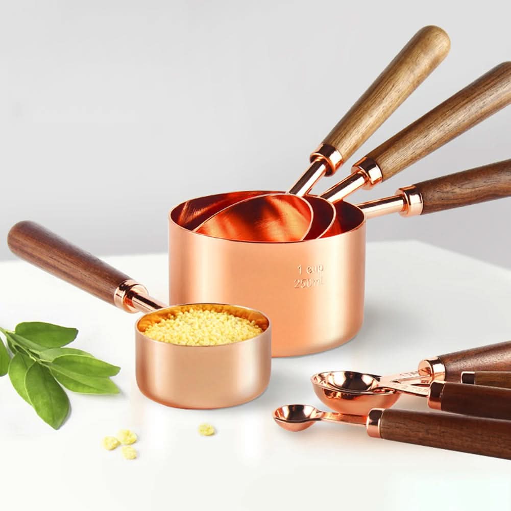 Measuring Cups, Copper Measuring Spoons, Stainless Steel Measuring Cup Set with Walnut Handles for Baking