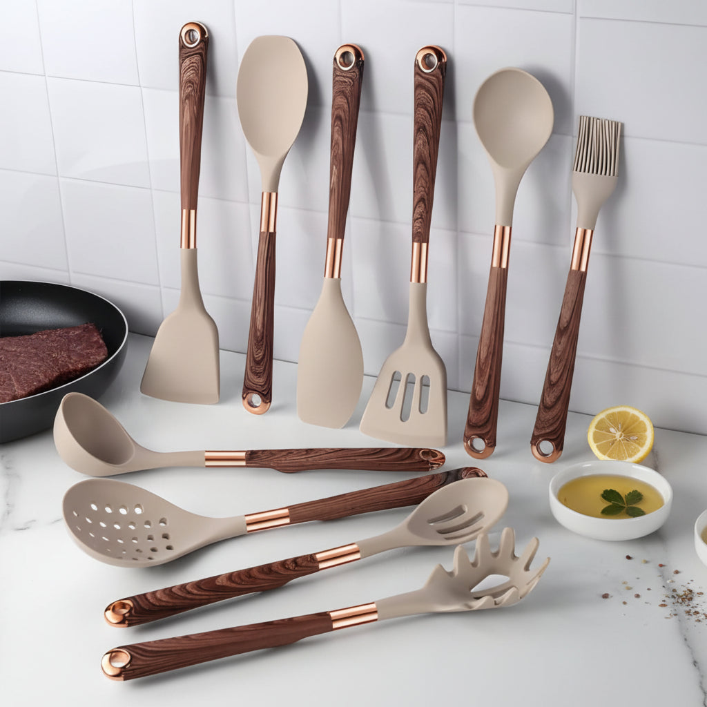 Kitchen Utensils Set with Holder, 10 Piece Silicone Cooking Utensils, Kitchen Utensil Set with Wood Look Handles