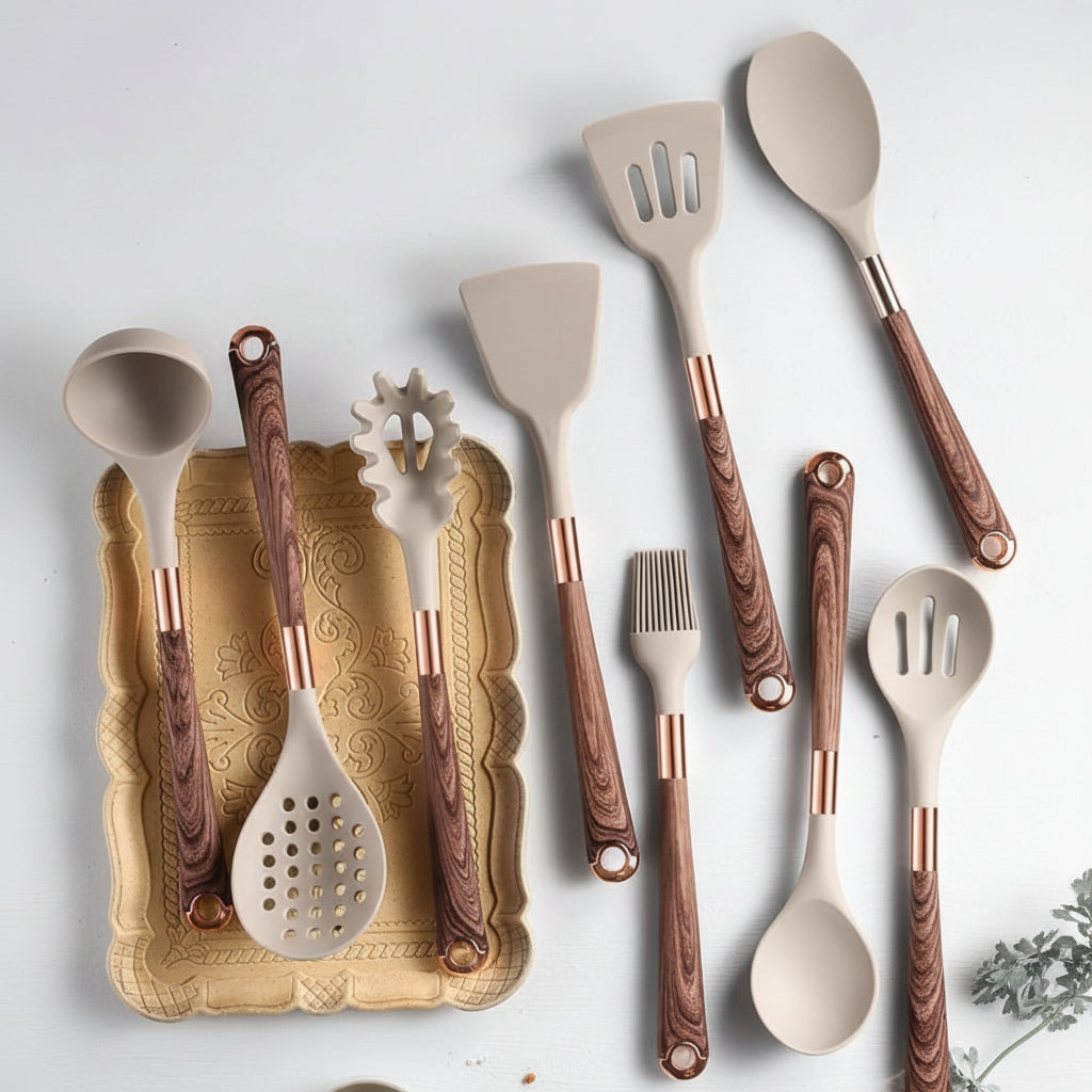 Kitchen Utensils Set with Holder, 10 Piece Silicone Cooking Utensils, Kitchen Utensil Set with Wood Look Handles_02