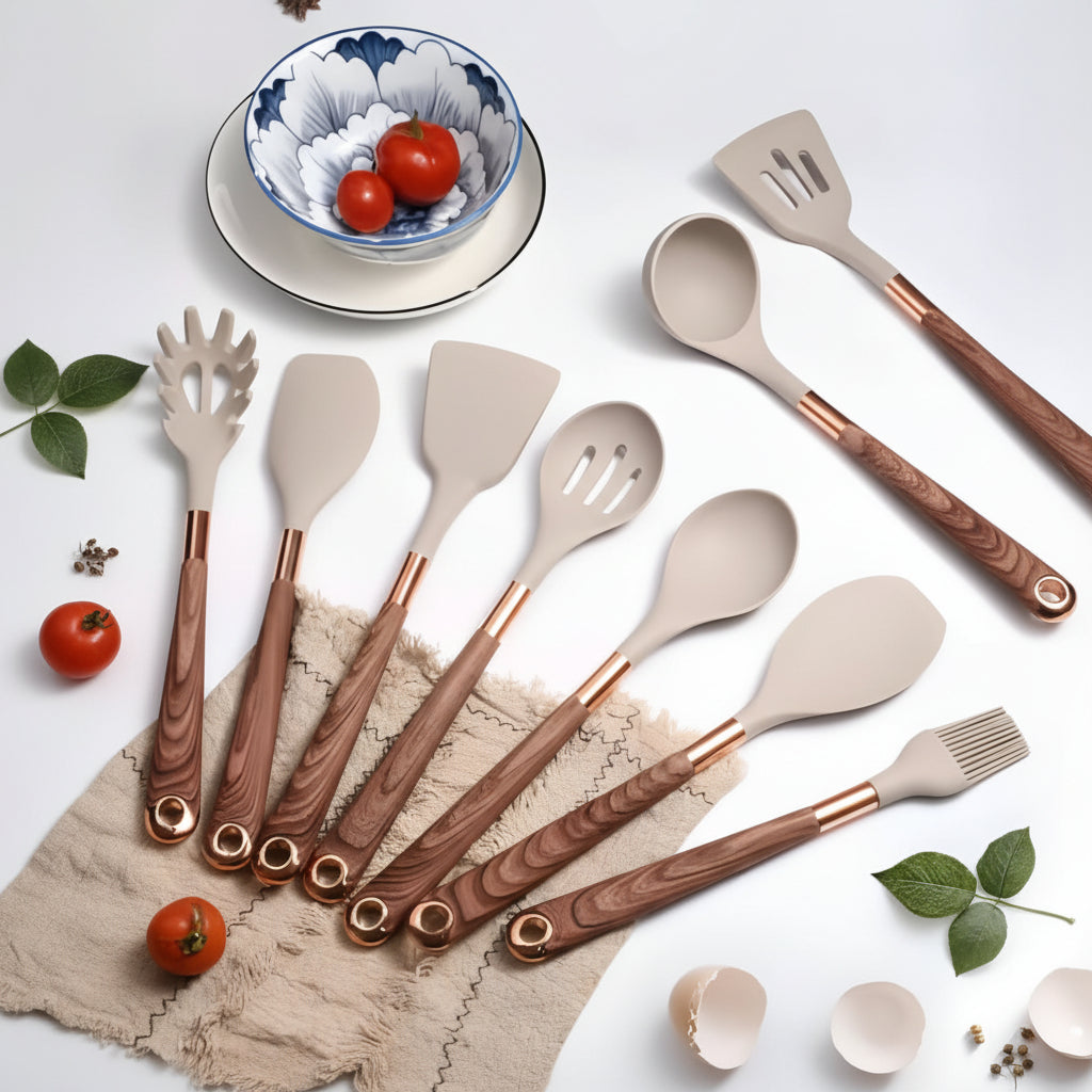 Kitchen Utensils Set with Holder, 10 Piece Silicone Cooking Utensils, Kitchen Utensil Set with Wood Look Handles_03