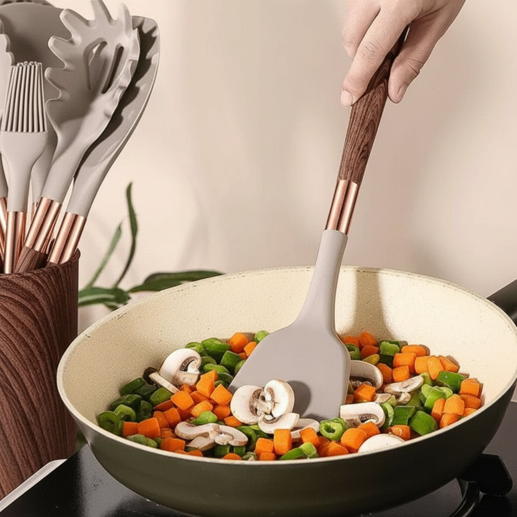 Kitchen Utensils Set with Holder, 10 Piece Silicone Cooking Utensils, Kitchen Utensil Set with Wood Look Handles_04