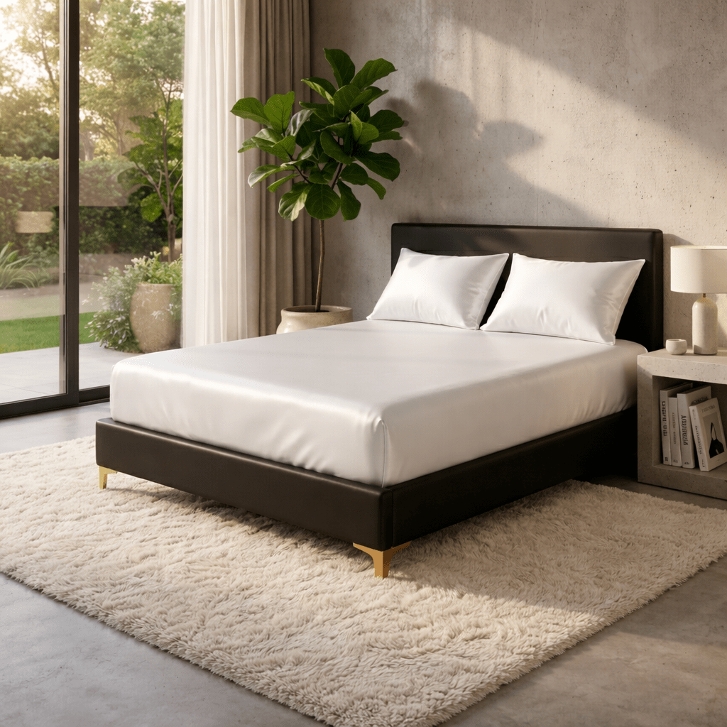 Fitted Bed Sheet, Cooling Fitted Sheet in Satin Look Microfibre, Satin Bed Sheet with Elastic in 71x132 to 198x203 cm_00