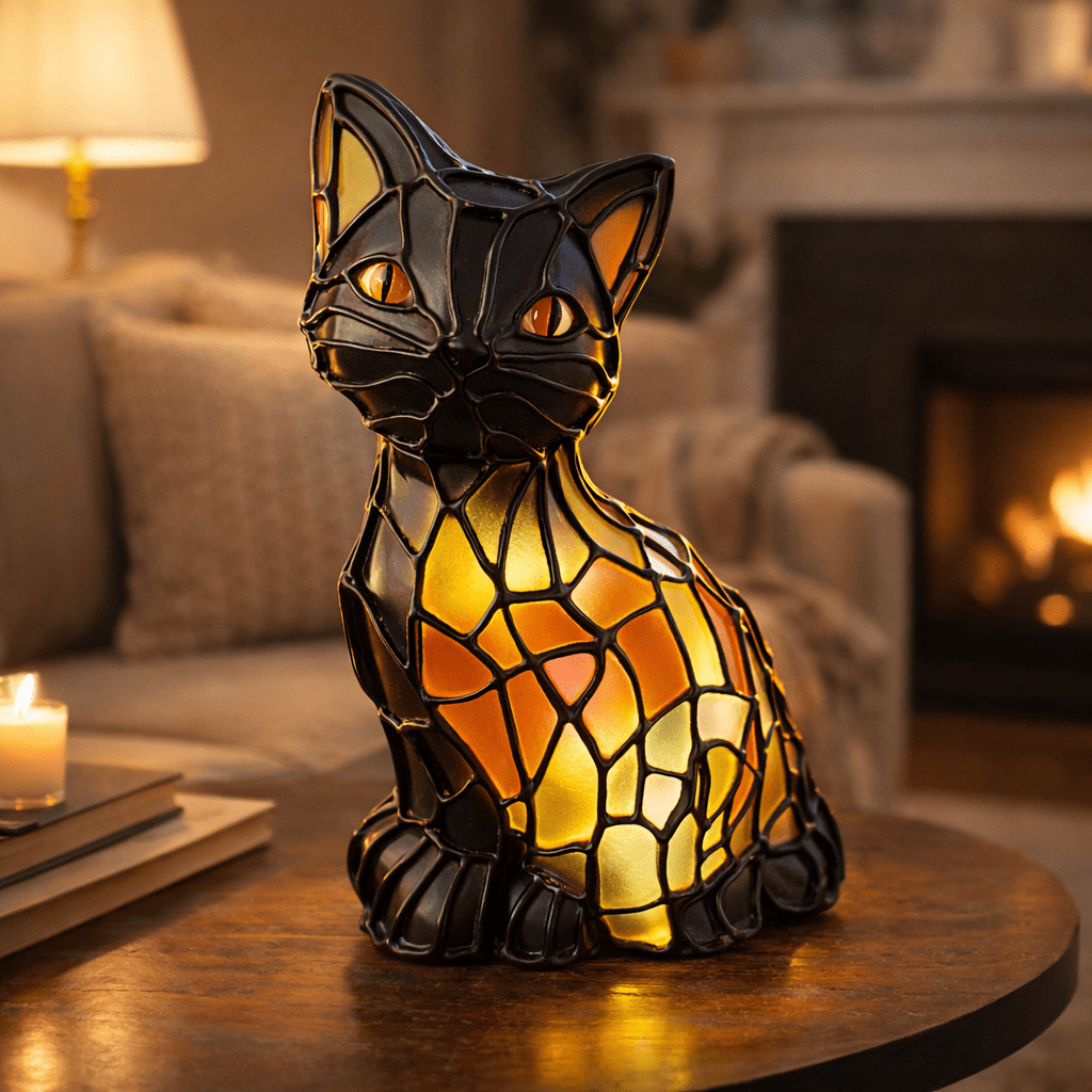 Tiffany Lamp Cat Design, Small Table Lamp with Warm Amber Glow, USB Cat Lamp for Mood Lighting, Gifts for Cat Lovers_00