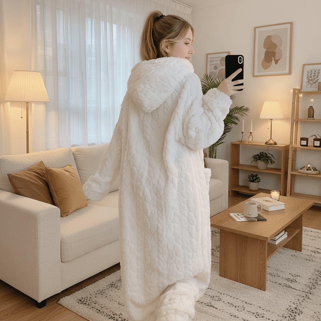 Ladies Dressing Gown with Hood, Warm Womens Dressing Gown with Pockets, Soft Womens Bathrobe with Long Sleeves