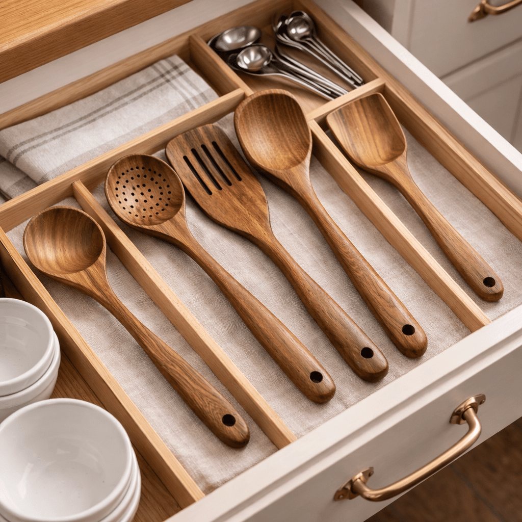 Wooden Kitchen Utensil Set, Wooden Spoons with Spatula, Slotted Spoon, Ladle and Serving Spoon, Wooden Cooking Utensils