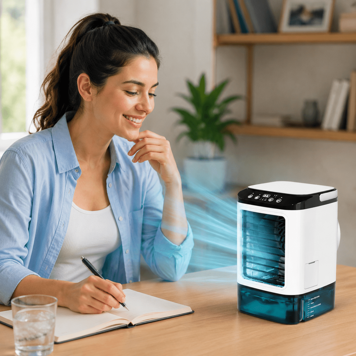 Portable Cooling Fan with Air Humidification and LED Night Light, USB Desk Fan with Water Tank and Ice Pack for Bedroom