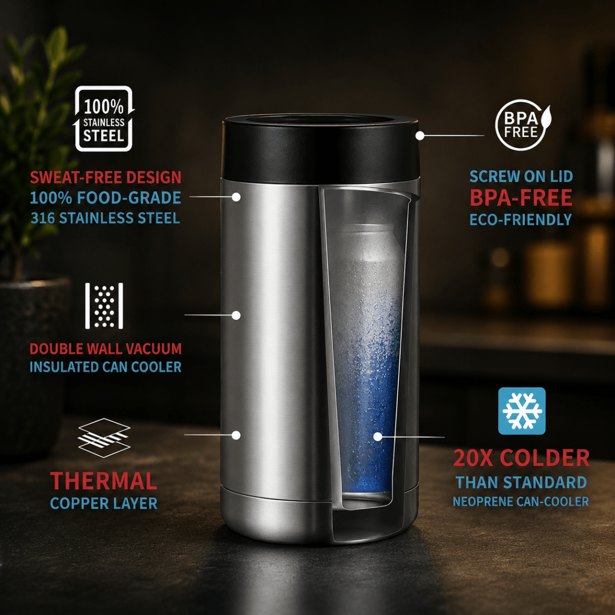 Drink Cooler for Cans, Stainless Steel Beer Can Cooler – image 4