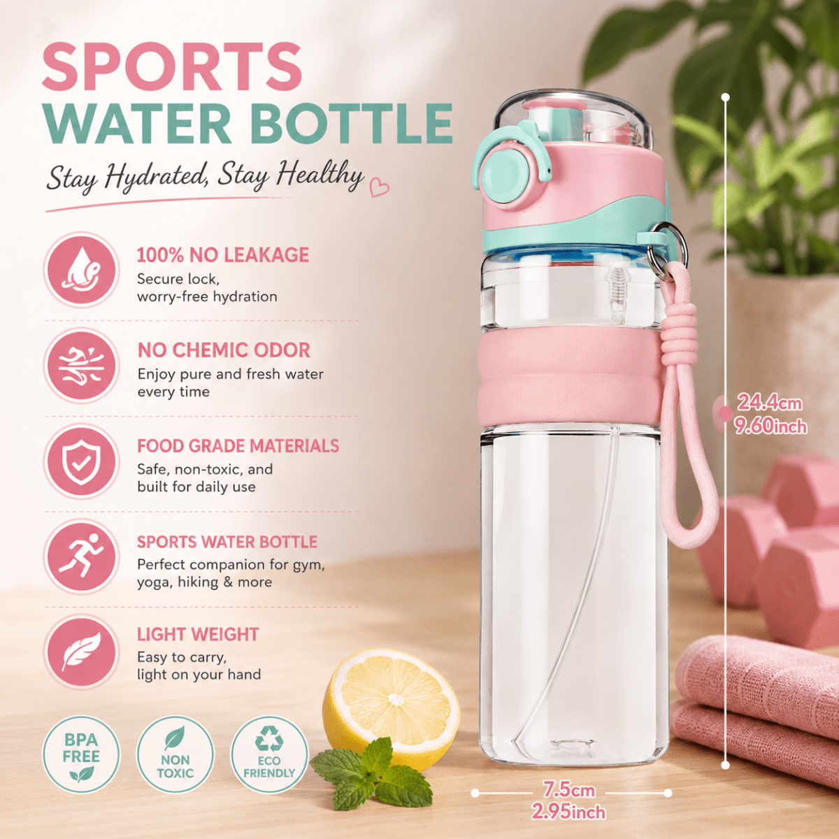 Water Bottle with Mist Spray 800 ml, Sports Water Bottle for Gym and Hiking, Leak Proof Mist Spray Bottle for Cooling_07