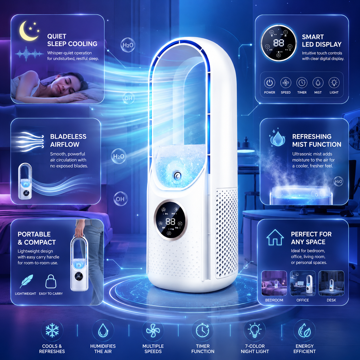 Compact Bladeless Portable Air Conditioner with Quiet Operation | Ideal for Bedrooms and Offices 3