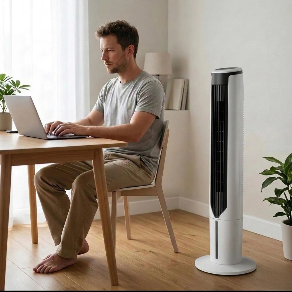 Cooling Breeze | Portable Air Cooler Tower Fan with Quiet Operation | Space-Saving Design for Indoor Comfort