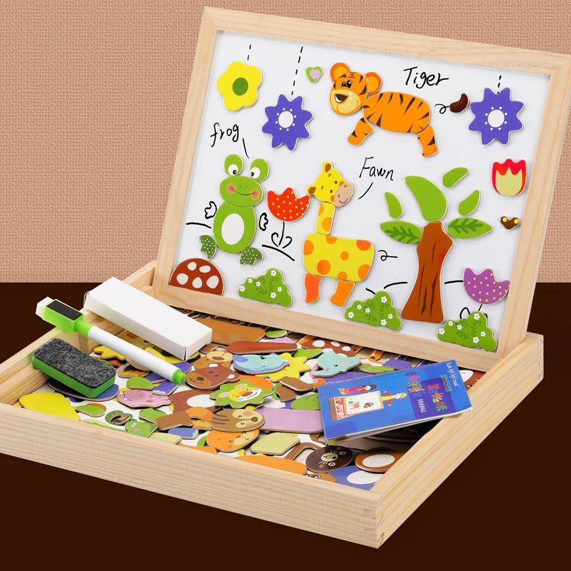 Magnetic Board and Chalkboard for Kids, Montessori Wooden Toys with Magnetic Stickers