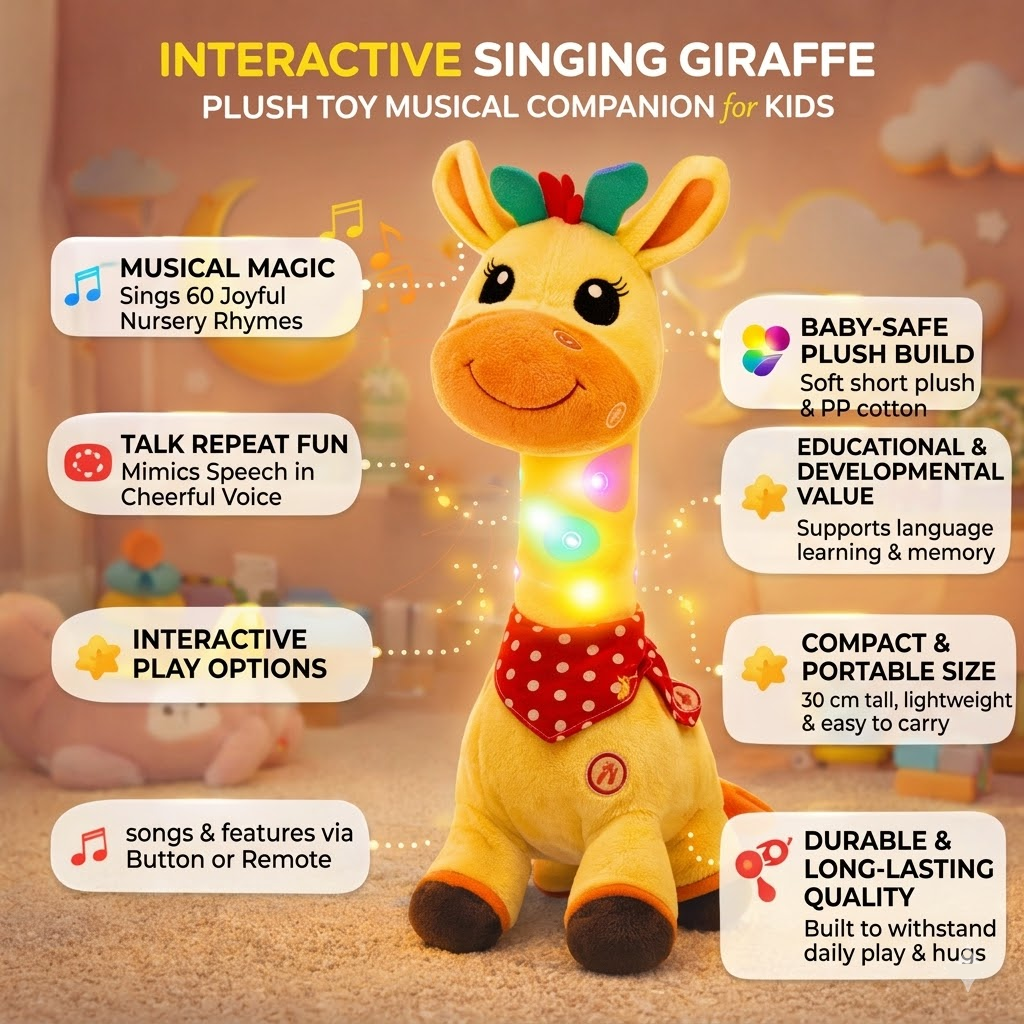Cuddly Companion | Interactive Singing Giraffe Plush Toy with Nursery Rhymes & Speech Mimicry | Engaging Musical Toy for Early Learning 3
