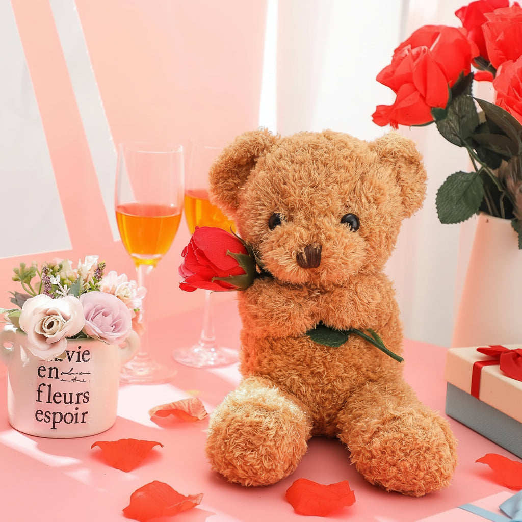 Cuddly Plush Bear | Soft Stuffed Animal with Romantic Rose Design | Ideal Gift for Affectionate Moments 4