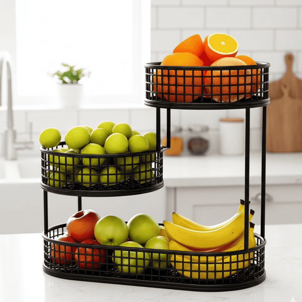 Fruit Stand for Kitchen Countertop, Tiered Metal Fruit Basket, Kitchen Storage for Snacks and Bread_00