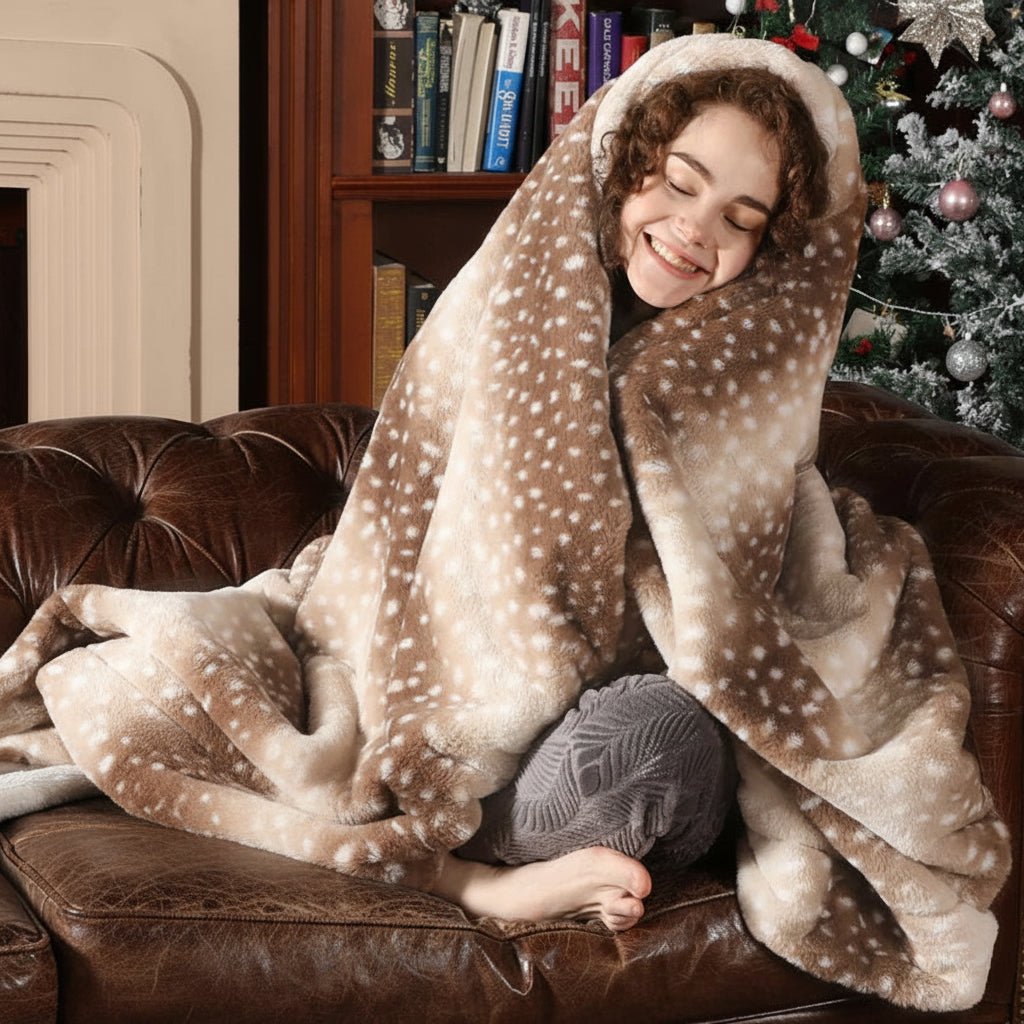 Faux Fur Throw Blanket, Reversible Sofa Throw with Deer Print, Bed Throw, Soft Plush Deer Print Blanket in 4 Sizes