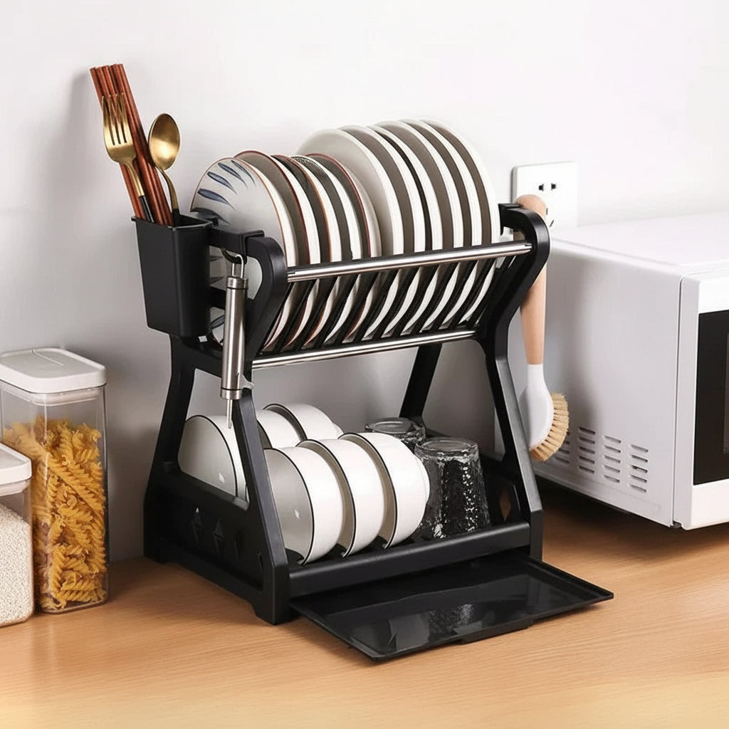 Dish Drainer with Drip Tray, 2 Tier Dish Rack with Cutlery Holder, Sink Drainer, Dish Drying Rack for Kitchen_00