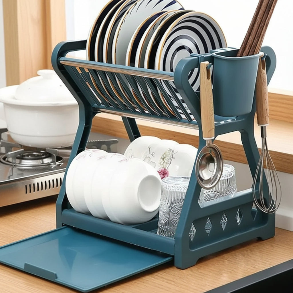 Dish Drainer with Drip Tray, 2 Tier Dish Rack with Cutlery Holder, Sink Drainer, Dish Drying Rack for Kitchen_01