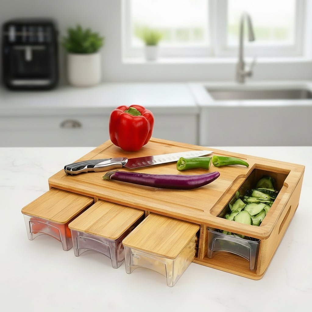Bamboo Wood Chopping Board with Juice Groove, Bamboo Cutting Board with Storage Trays and Replaceable Blades_00