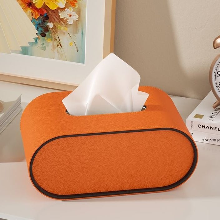 Tissue Box Cover, Oval Leather Tissue Box Holder with Contrast Piping, Bathroom Accessories and Home Decor_00