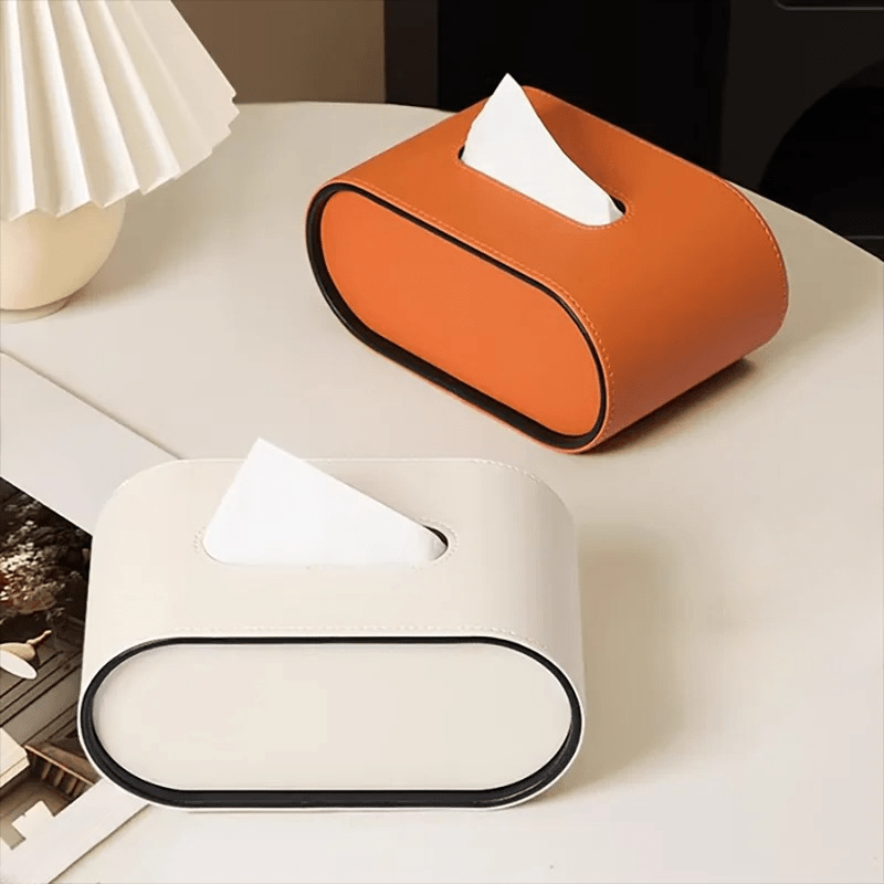 Tissue Box Cover, Oval Leather Tissue Box Holder with Contrast Piping, Bathroom Accessories and Home Decor_02