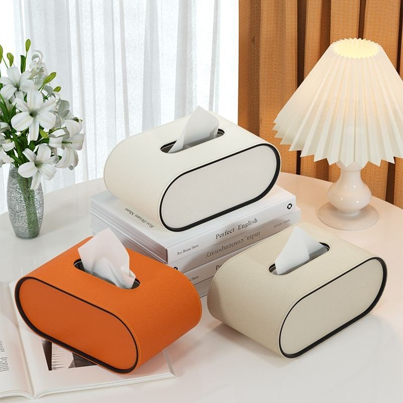 Tissue Box Cover, Oval Leather Tissue Box Holder with Contrast Piping, Bathroom Accessories and Home Decor_03