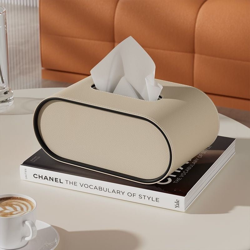 Tissue Box Cover, Oval Leather Tissue Box Holder with Contrast Piping, Bathroom Accessories and Home Decor_05