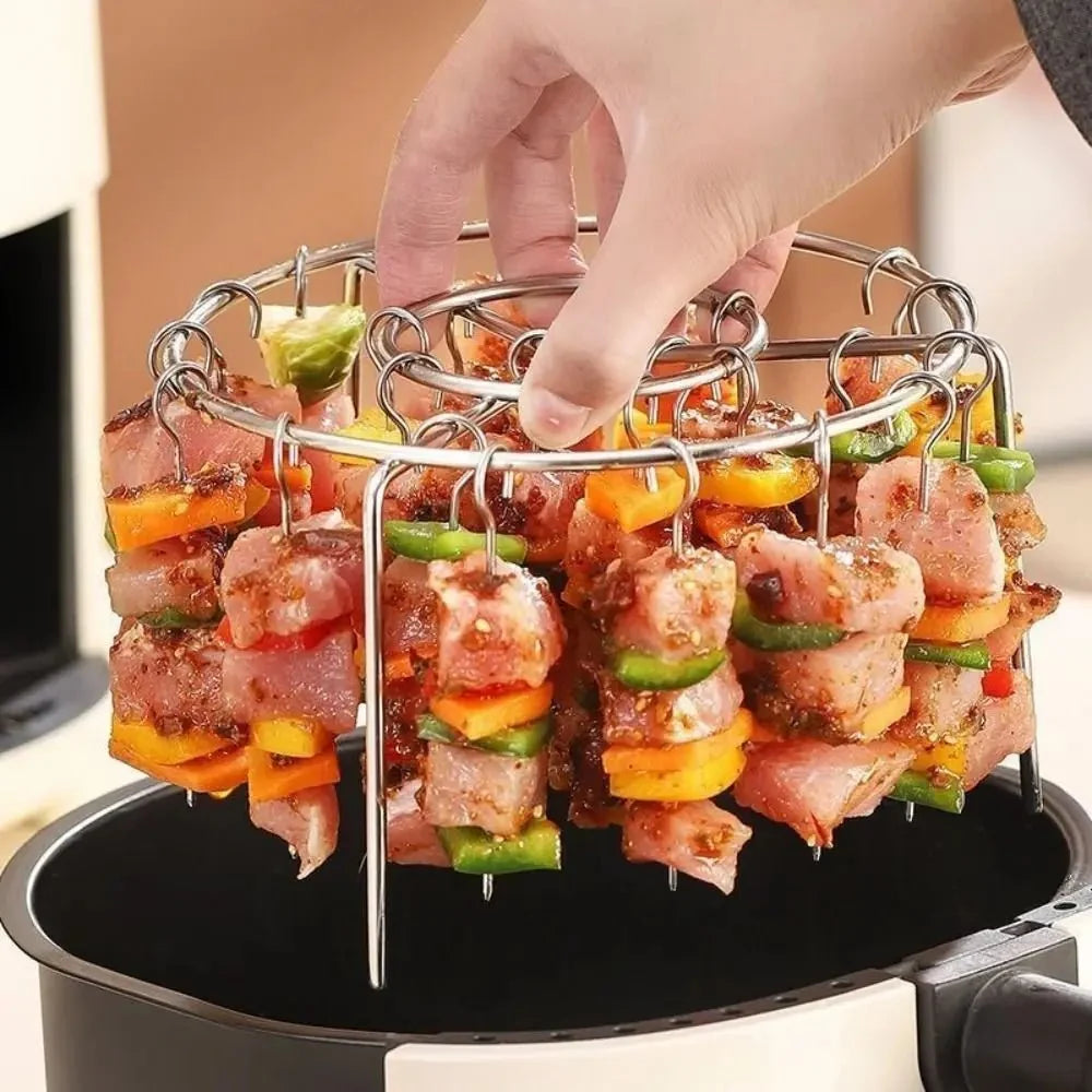 Air Fryer Rack in Stainless Steel with Skewer Holder, Round Air Fryer Grill Rack for Skewers, Air Fryer Accessories_03