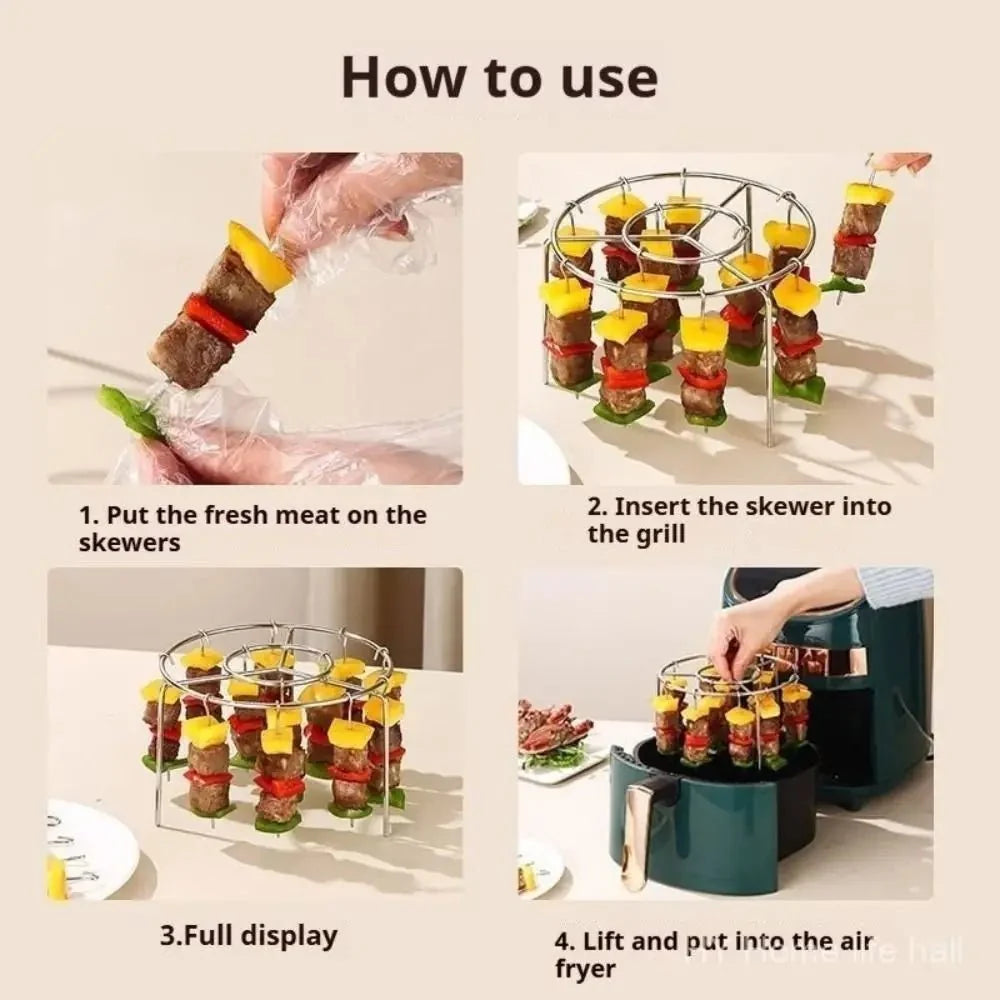 Air Fryer Rack in Stainless Steel with Skewer Holder, Round Air Fryer Grill Rack for Skewers, Air Fryer Accessories_04