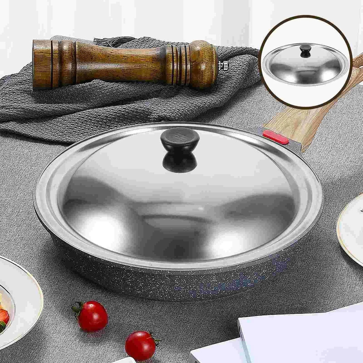 Universal Frying Pan Lid 28 cm, Stainless Steel Wok Lid for 26 to 30 cm Pans, Saucepan Lid with Heat Resistant Handle_03