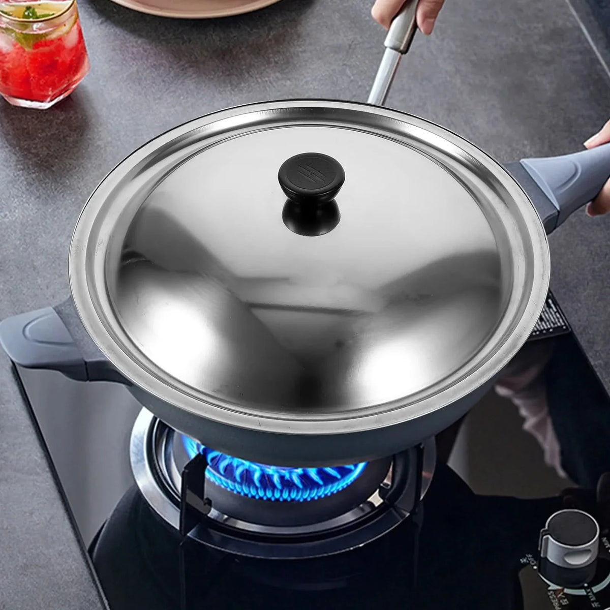 Universal Frying Pan Lid 28 cm, Stainless Steel Wok Lid for 26 to 30 cm Pans, Saucepan Lid with Heat Resistant Handle_05