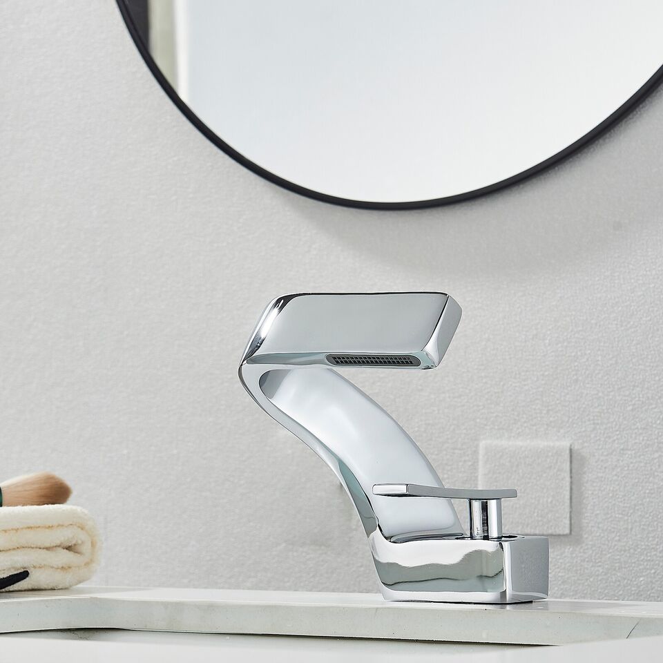 Elegant Curved Faucet | Waterfall Spout & Dual Handle Controls | Modern Design for Effortless Flow in Kitchen and Bathroom 3