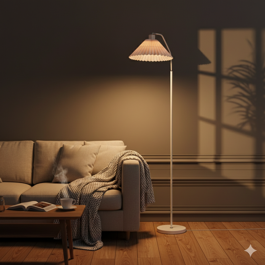 Elegant Minimalist Floor Lamp with Pleated Fabric Shade | Modern Standing Lamp for Soft Ambient Lighting in Living Room 0