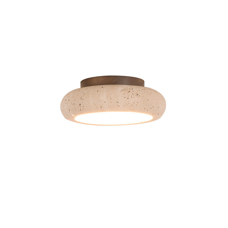 Elegant Round Flush Mount Ceiling Light with Natural Stone & Wood | LED Fixture for Hallways and Entryways 0