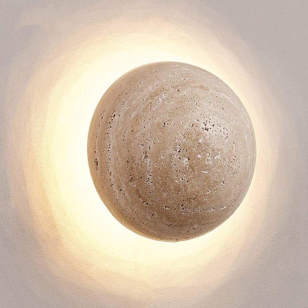 Elegant Round Wall Sconce Lighting with Travertine-Effect Shade | Soft LED Wall Lamp for Modern Interiors