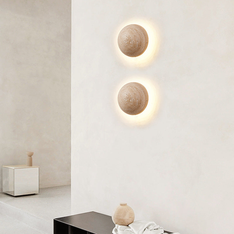 Elegant Round Wall Sconce Lighting with Travertine-Effect Shade | Soft LED Wall Lamp for Modern Interiors