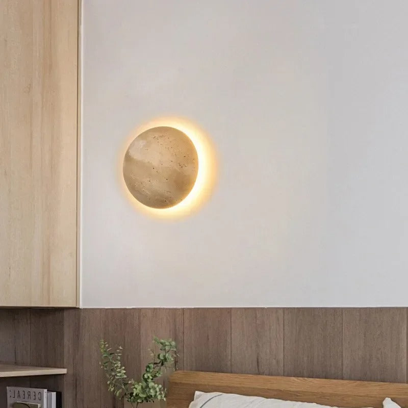 Elegant Round Wall Sconce Lighting with Travertine-Effect Shade | Soft LED Wall Lamp for Modern Interiors 2