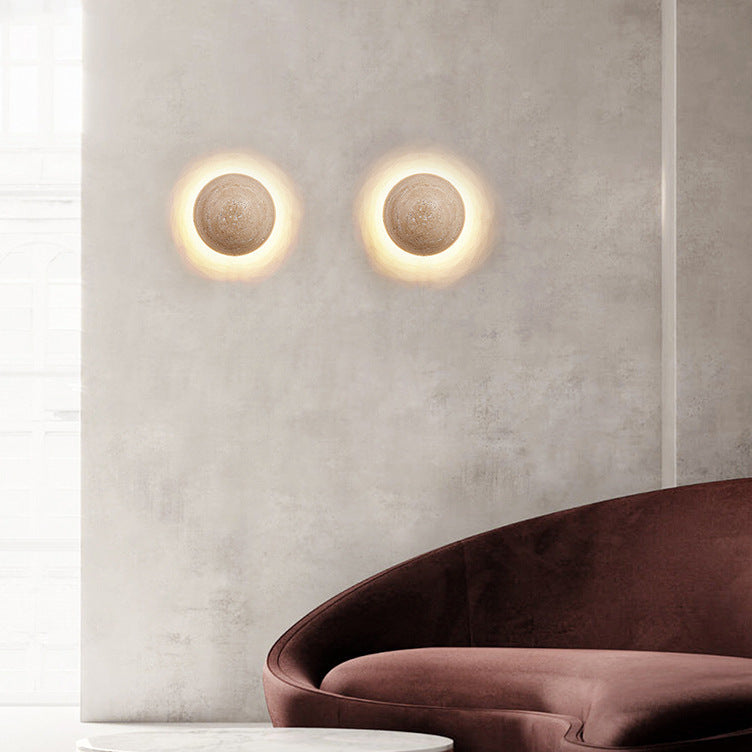 Elegant Round Wall Sconce Lighting with Travertine-Effect Shade | Soft LED Wall Lamp for Modern Interiors 4