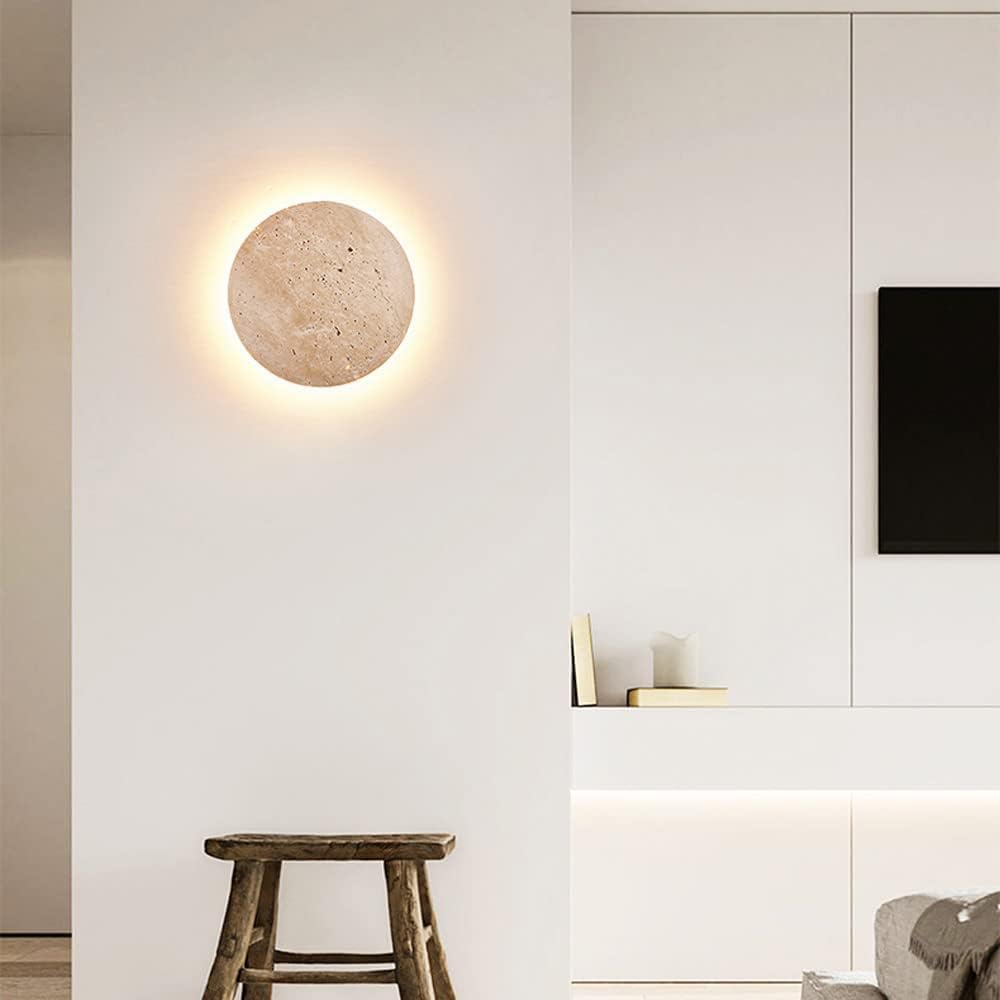 Elegant Round Wall Sconce Lighting with Travertine-Effect Shade | Soft LED Wall Lamp for Modern Interiors 6