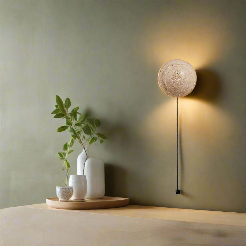 Elegant Round Wall Sconce Lighting with Travertine-Effect Shade | Soft LED Wall Lamp for Modern Interiors 8