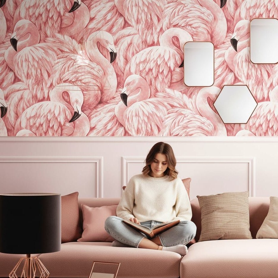 Pink Wallpaper with Flamingos, Tropical Bedroom Wallpaper, Wipeable Vinyl Bird Wallpaper Roll 10 m x 52 cm_06