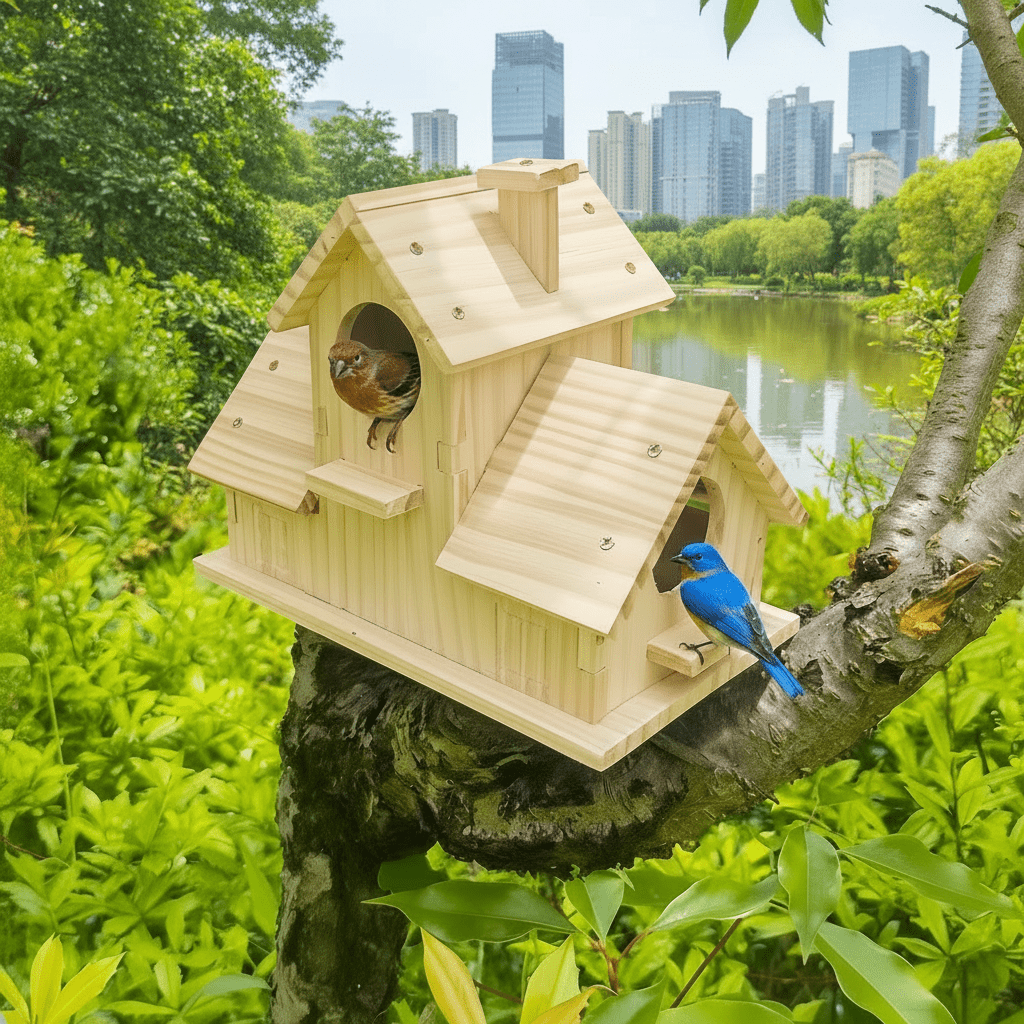 Bird Boxes for Garden Birds, Wooden Bird House with Multi Chamber Nest Box, Rustic Solid Wood Birdhouse for Hanging