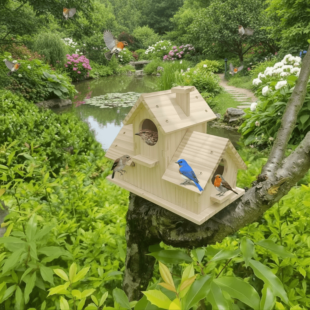 Bird Boxes for Garden Birds, Wooden Bird House with Multi Chamber Nest Box