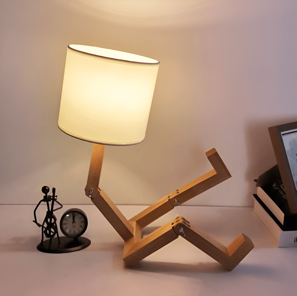 Table Lamp, Wooden Desk Lamp with Bookend for Home Office, Quirky Robot Design Wooden Table Lamp with Fabric Shade