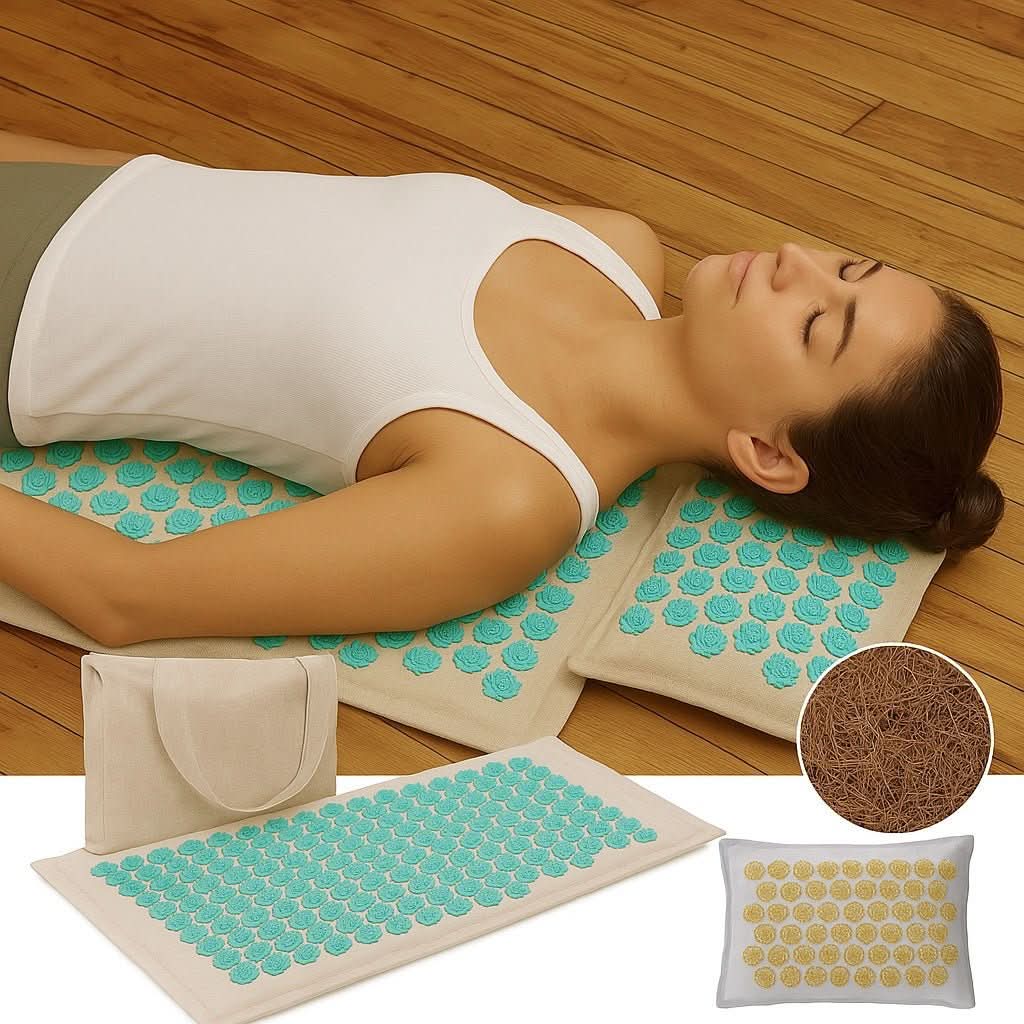 Acupressure Mat and Pillow Set, Massage Mat for Natural Pain Relief and Relaxation, Spike Mat in Coconut Fibre with Bag